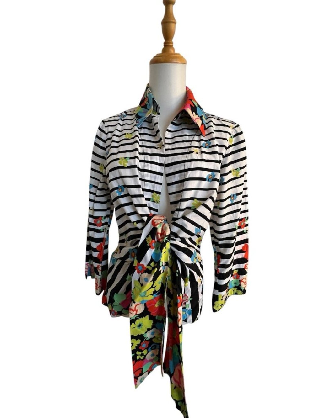MISCHA Women's M Blouse Black White Stripe Floral Tie Designer Chic 100% Cotton